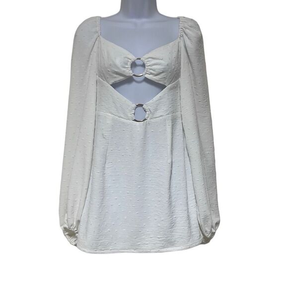 Revolve Rumer White Swiss Dot Gypsy A Line Mini Dress Cutouts Long Sleeve NWT - Picture 1 of 12